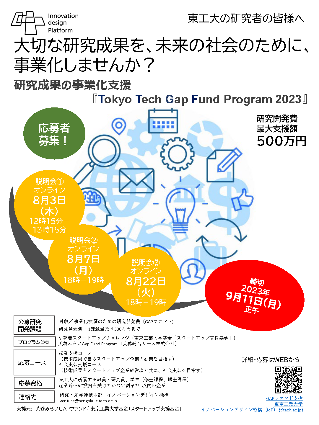 「Tokyo Tech Gap Fund Program 2023」（研究成果を事業化するための⽀援プログラム）募集開始のお知らせ